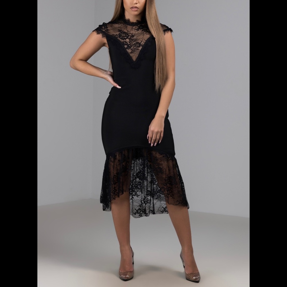 AKIRA Black Lace Bodycon Midi Dress